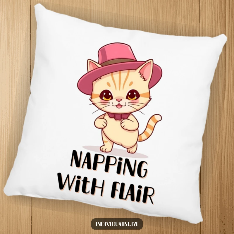 Funny pillow featuring a smirking cat in a statement hat, offering cozy comfort with a side of feline sass.