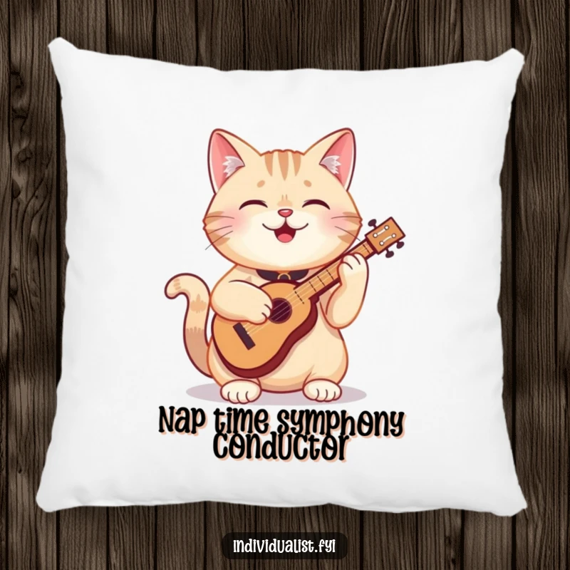 Funny cat pillow with a happy feline character playing a small, peculiar musical instrument, designed for comfort and a touch of humor.