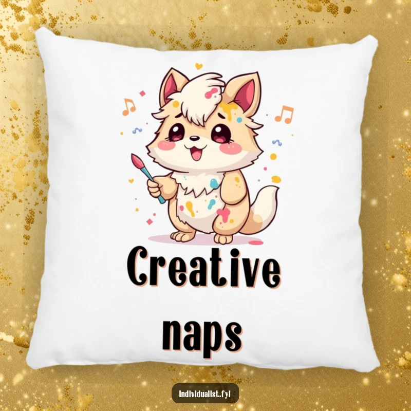 Funny Pillow: A creative creature with paint splashes hums a tune, a soft and artistic addition to any room.