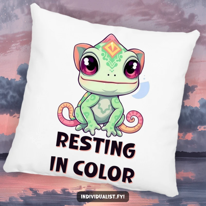 Funny chameleon pillow with a curious chameleon displaying a wildly unexpected, vibrant pattern, soft color.