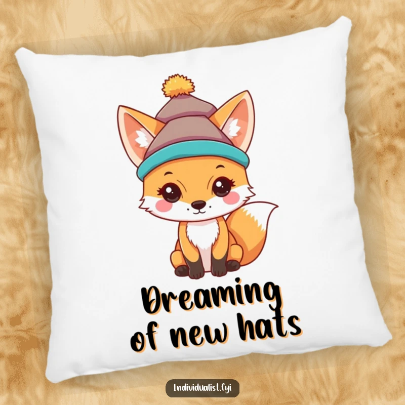 Funny pillow with a curious fox wearing a brightly colored, unique hat, offering cozy comfort and style.