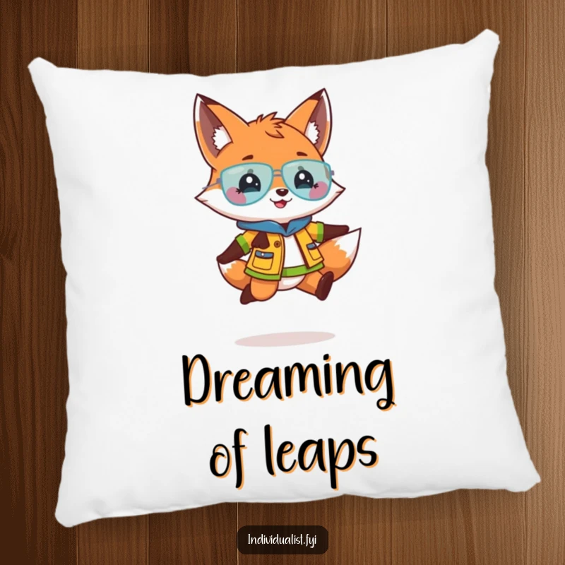 Funny pillow featuring a playful fox in a bright outfit doing a lively jump, offering soft humor and vibrant decor.