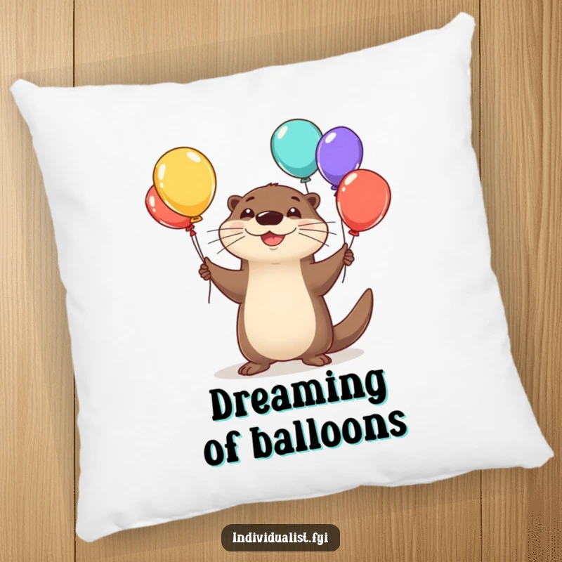 Funny otter pillow with a happy otter juggling brightly colored, odd balloons, soft cheerful vibes.