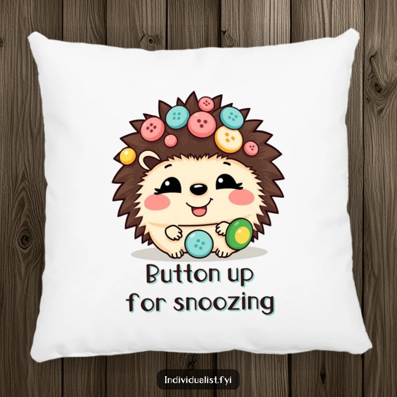 Funny hedgehog pillow with a giggling face and decorated with an assortment of colorful buttons, offering cuddly comfort and humor.