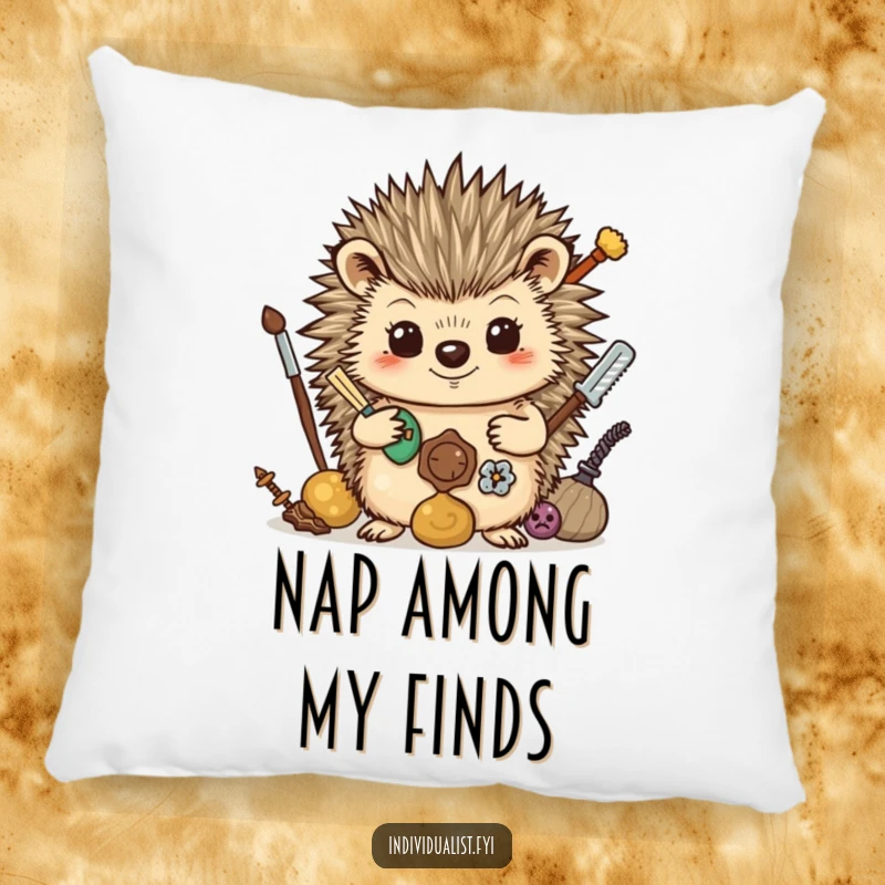 Funny Pillow: A proud hedgehog displays its collection of found objects, bringing a sense of quirky charm and comfort.