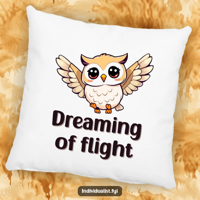 Funny owl soaring pillow showcasing a happy owl with a unique wing pattern, ideal for adding humorous comfort and artistic flair to any room.