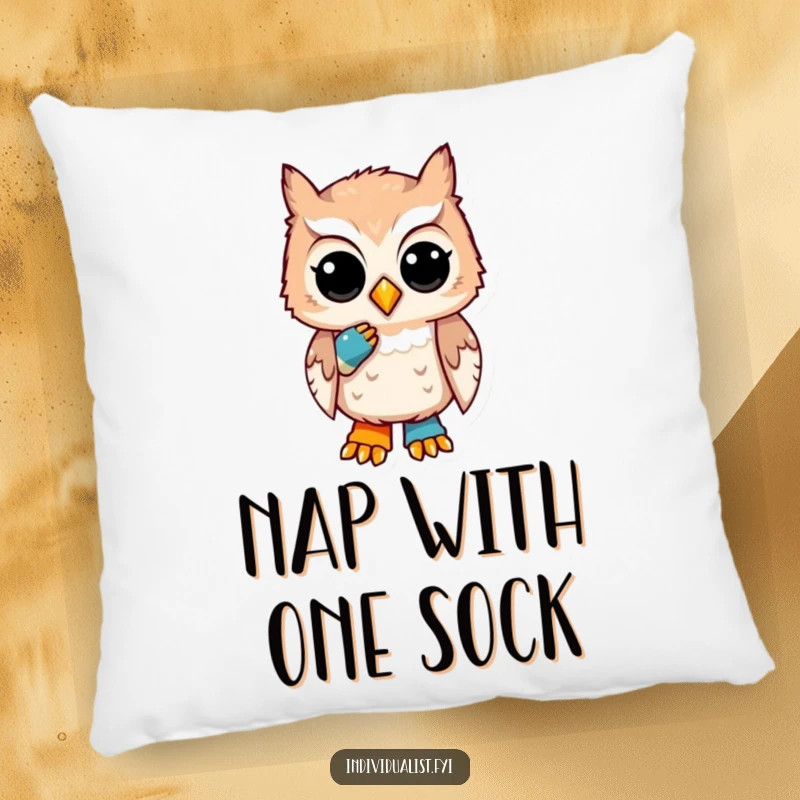 Funny pillow featuring a unique owl with a thoughtful expression and a mismatched sock, offering soft humor and quirky comfort.
