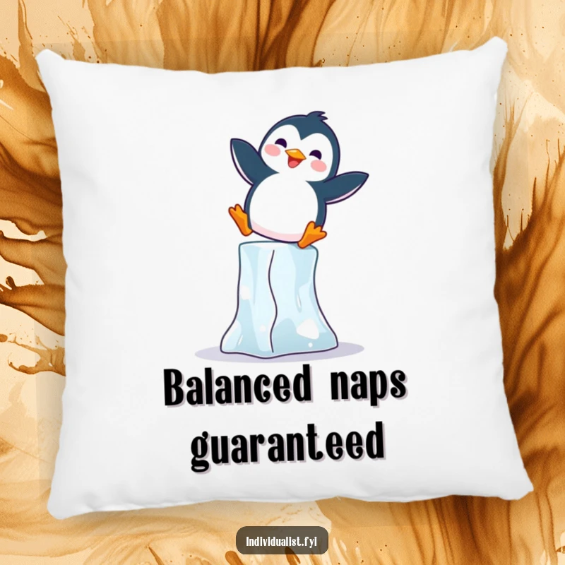 Funny Penguin Pillow: Soft cushion with a joyful penguin balancing on an ice block, offering comfort and funny appeal.