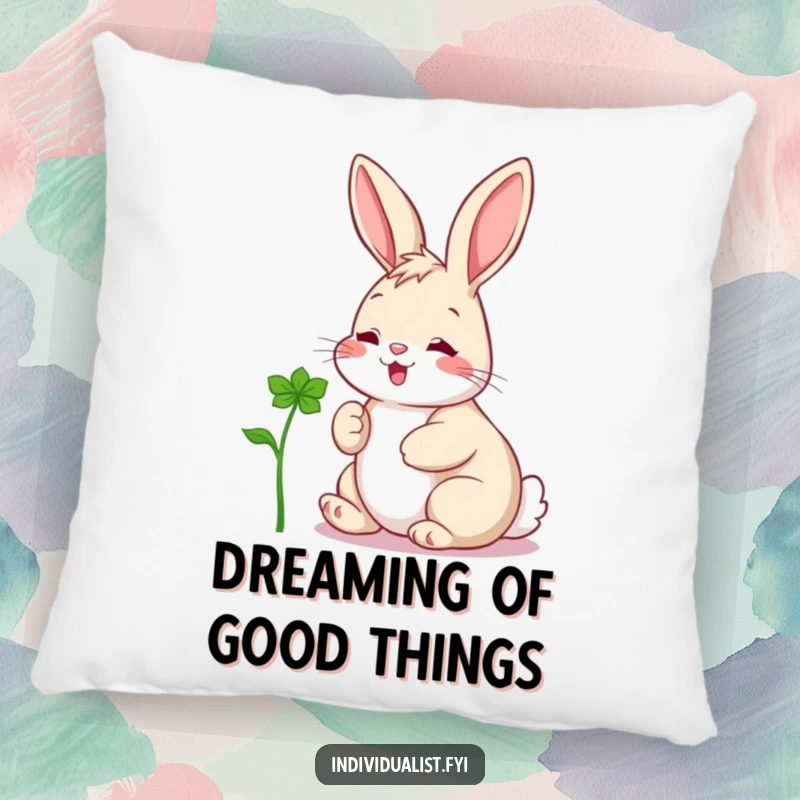 Funny pillow featuring a happy rabbit gazing at a unique clover, offering comfort and a touch of whimsical humor.