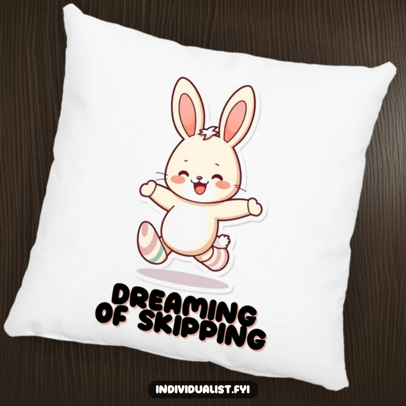 Funny rabbit mismatched socks pillow showcasing a cheerful bunny skipping, ideal for adding humorous comfort and quirky style to any room.