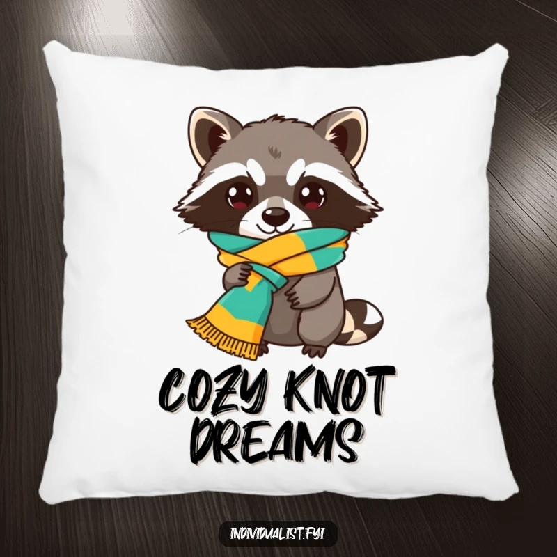 Funny Raccoon Pillow showcasing a playful raccoon with a brightly colored scarf tied in an amusingly complex knot, offering comfort and humor.
