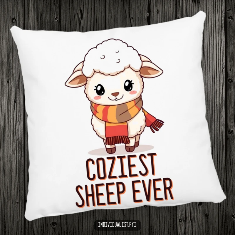 Funny pillow with a fluffy sheep wearing a stylish, quirky scarf, offering cozy comfort and charm.