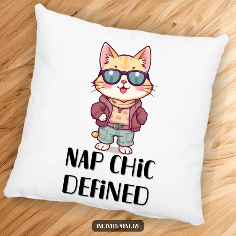 Funny Cat Pillow: A happy cat in a unique, mismatched outfit rests comfortably, providing a humorous and soft accent.