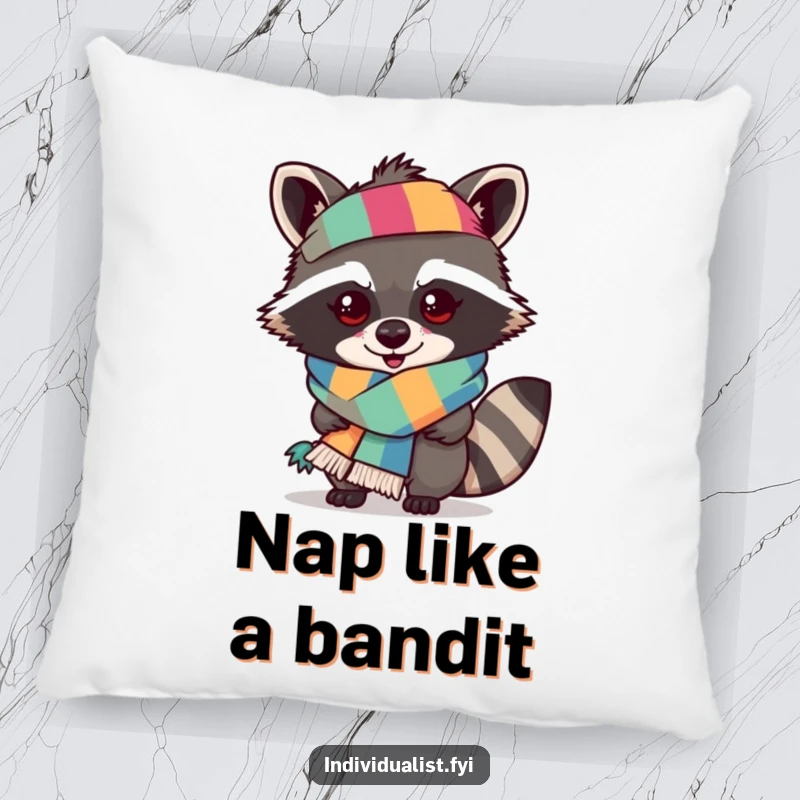 Funny raccoon pillow with a mischievous raccoon wearing an outlandish, colorful scarf, soft bold style.