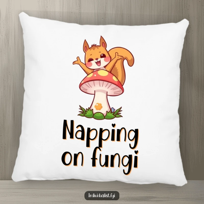Funny kawaii squirrel pillow, showing a joyful squirrel in a unique pose on a colorful mushroom, offering cozy comfort.