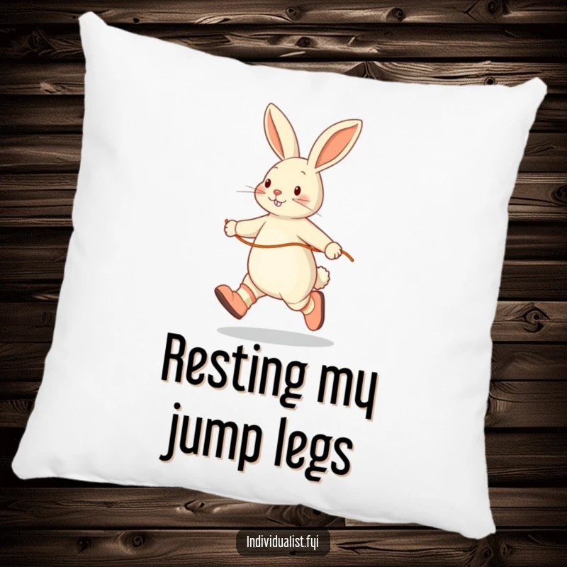 Funny pillow featuring a happy rabbit skipping rope solo, wearing mismatched socks, offering comfort with a dose of playful humor.