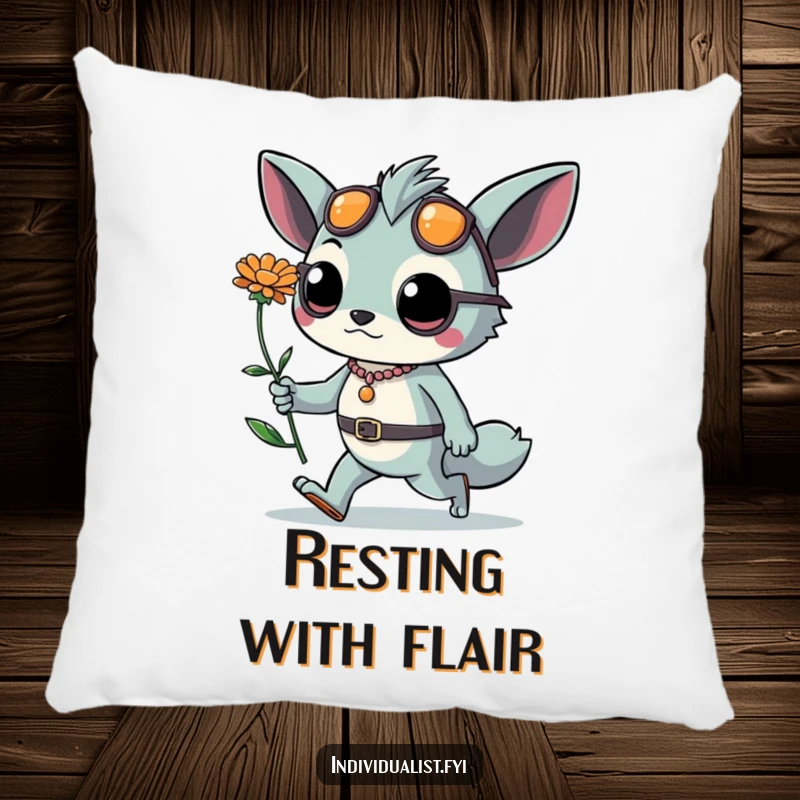 Funny pillow featuring a stylish creature with edgy accessories and a single unusual flower, walking proudly. Soft, stylish, and hilarious.