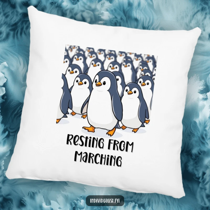 Funny Kawaii penguin purposefully walking against a flow of identical penguins on a soft, comforting pillow.