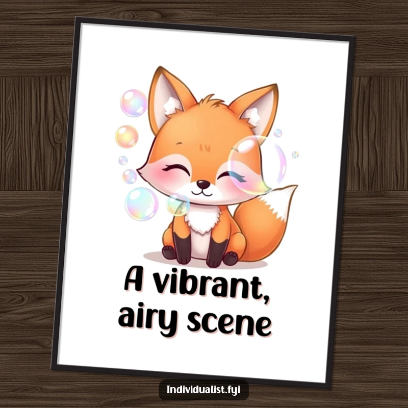 Funny whimsical fox blowing iridescent bubbles, downloadable art print, magical creature illustration, colorful abstract art, instant funny gift.