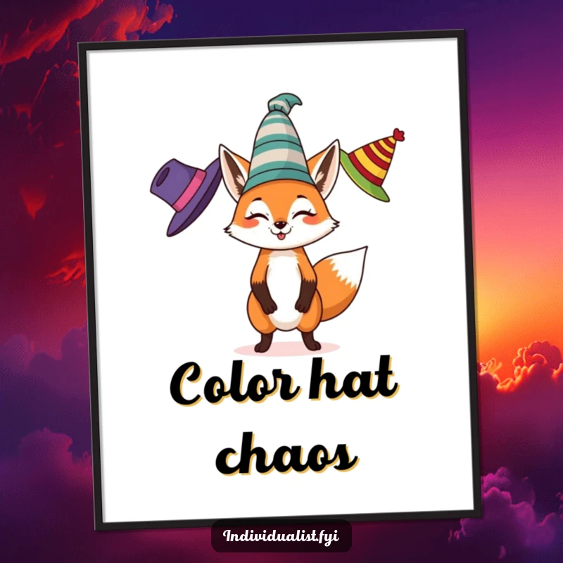 Funny digital art print of a spirited fox juggling three different colored, eccentric hats, ready to be printed and displayed.