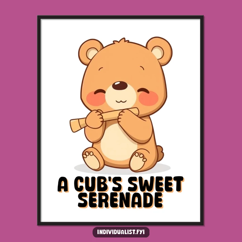 Funny Bear Cub Flute Digital Art - Instant Joyful Music Decor Gift!