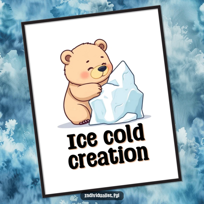 Funny Bear Ice Sculpting Digital Art Print, a determined bear intensely focused on sculpting a unique ice formation, ready to display.