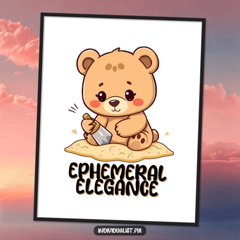 Funny determined bear character meticulously forging a unique, intricate pattern in the sand, presented as digital art.