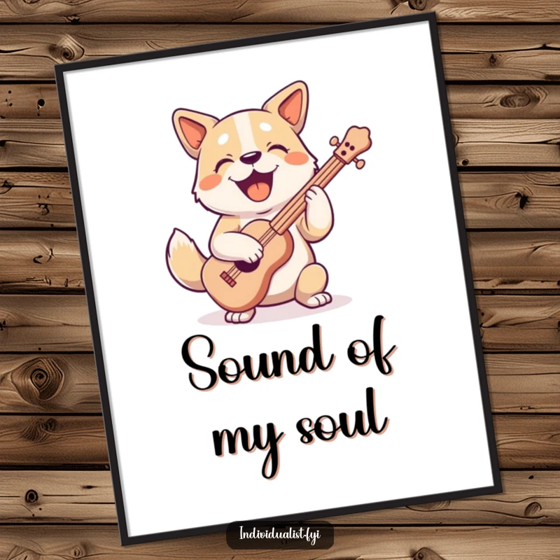 Funny, joyful dog character enthusiastically playing a strangely shaped musical instrument with a happy expression, presented as digital art.