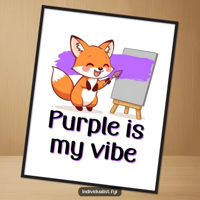 Funny digital art print of a joyful fox painting a bright purple stripe on a grey canvas, offering instant artistic humor and charm.