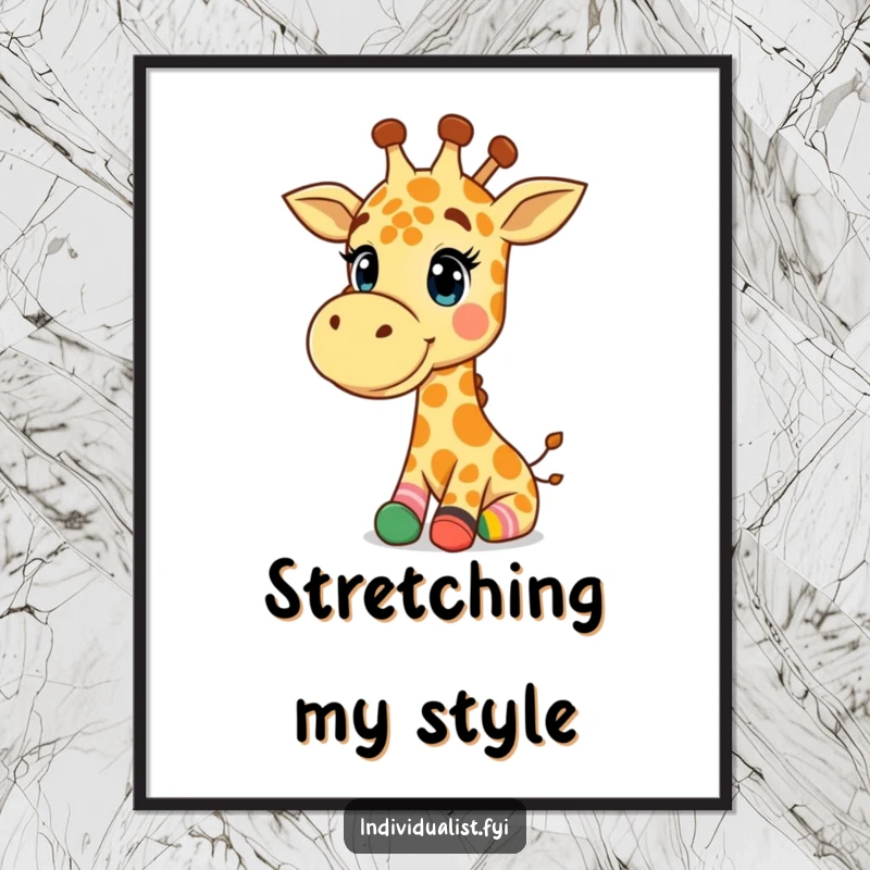 Funny Giraffe Digital Art Print: Happy giraffe wearing mismatched colorful socks, radiating amusement and funny charm.