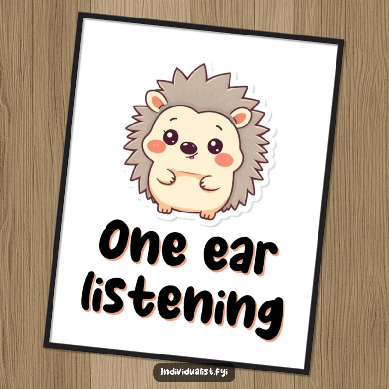 Funny Hedgehog Digital Art Print of a cheerful hedgehog with one quilled ear standing straight up, a charming and humorous wall decoration.