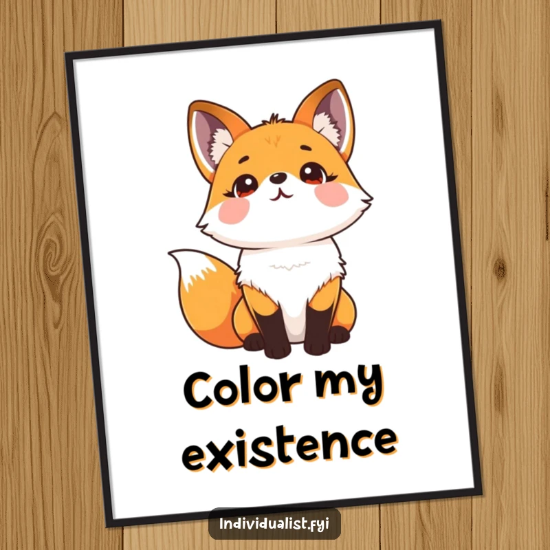 Funny digital art print of a joyful fox with a vibrant kaleidoscope fur pattern, looking upwards with a sense of wonder.