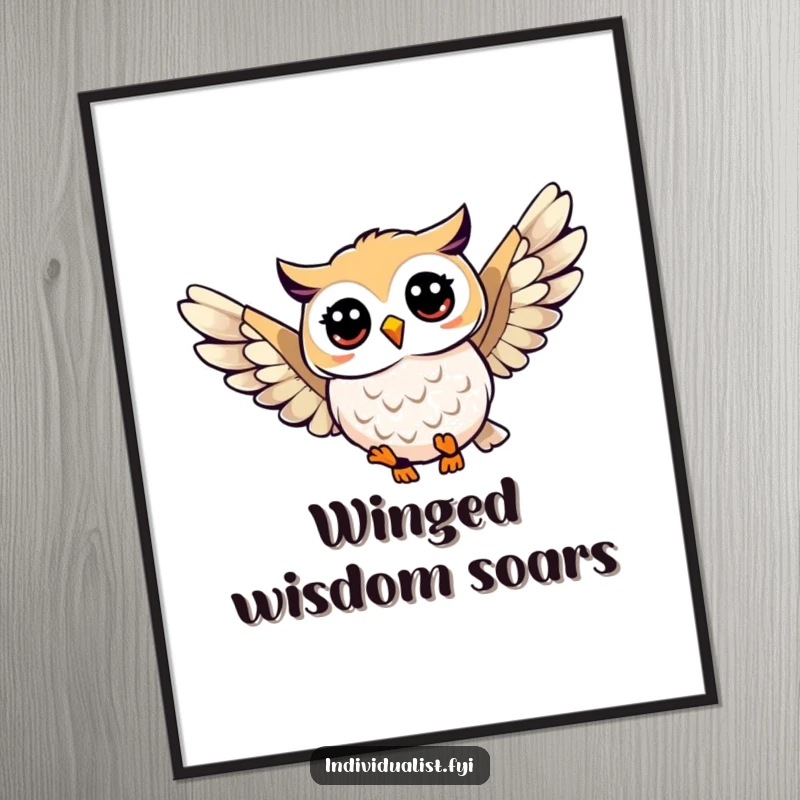 Funny owl soaring digital art print featuring a happy owl with a unique wing pattern, perfect for digital display or printing.