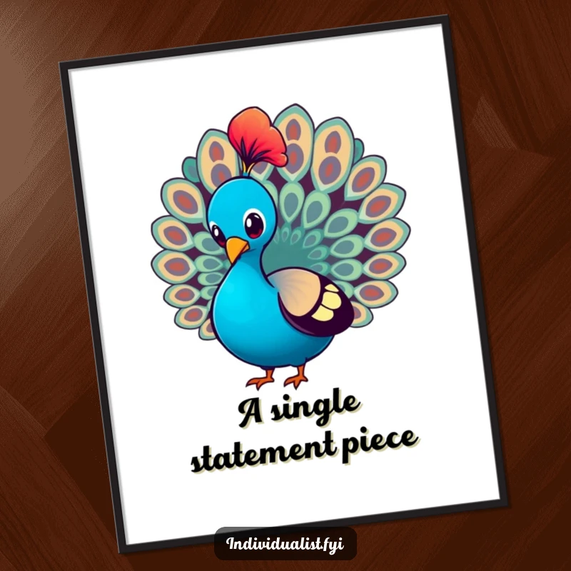 Funny Digital Art Print of a peacock proudly strutting and showcasing a single, brightly colored feather, perfect for instant elegant decor.