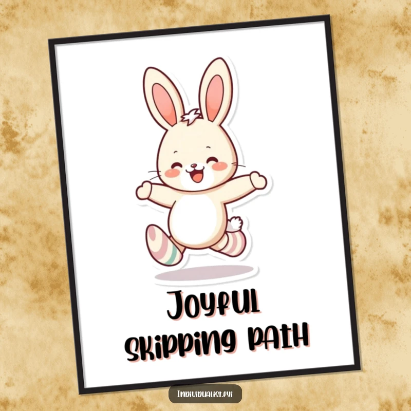 Funny rabbit mismatched socks digital art print featuring a cheerful bunny skipping joyfully, perfect for digital display or printing.