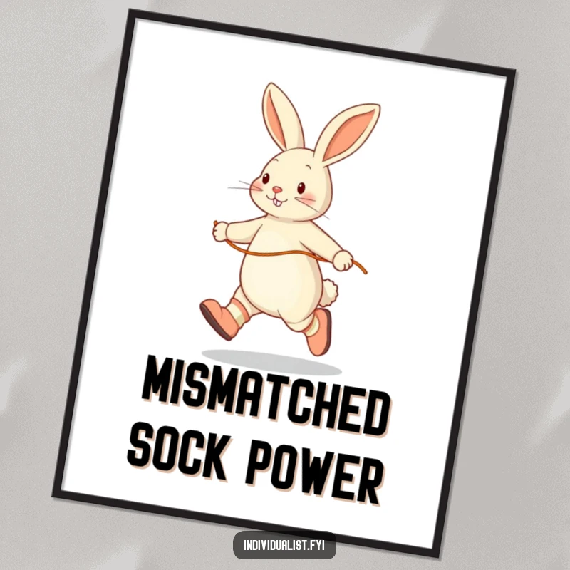 Funny digital art print of a happy rabbit skipping rope solo, wearing mismatched socks, offering instant playful humor and charm.