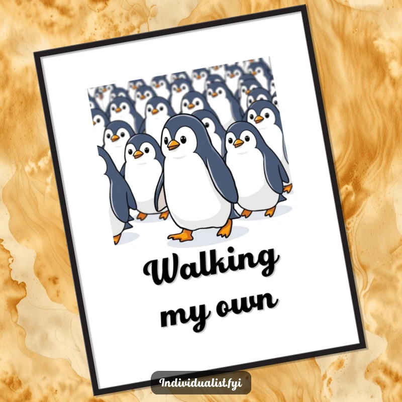 Funny Kawaii penguin purposefully walking against a stream of identical penguins, a digital art print symbolizing determination.