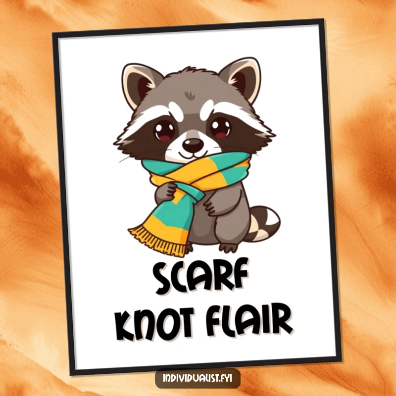 Funny Raccoon Digital Art Print of a mischievous raccoon proudly wearing a brightly colored scarf tied in an eccentric knot, a humorous decoration.