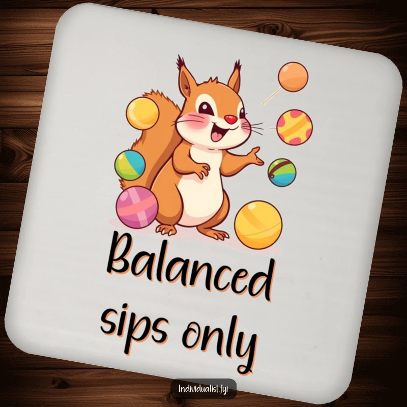 Funny Squirrel Coaster: An excited squirrel juggles colorful balls, protecting surfaces with playful skill.