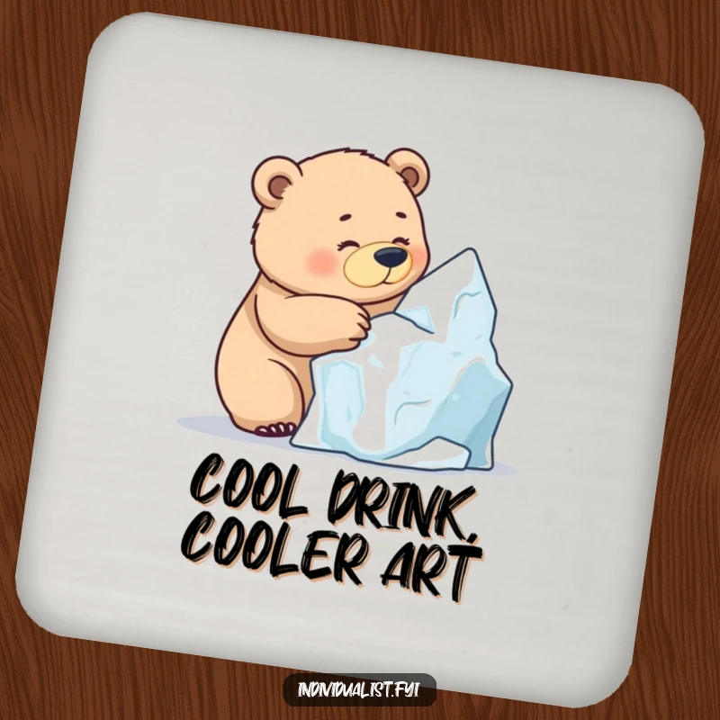 Funny Bear Ice Sculpting Coaster, a determined bear sculpting a unique ice formation, a decorative and humorous coaster.