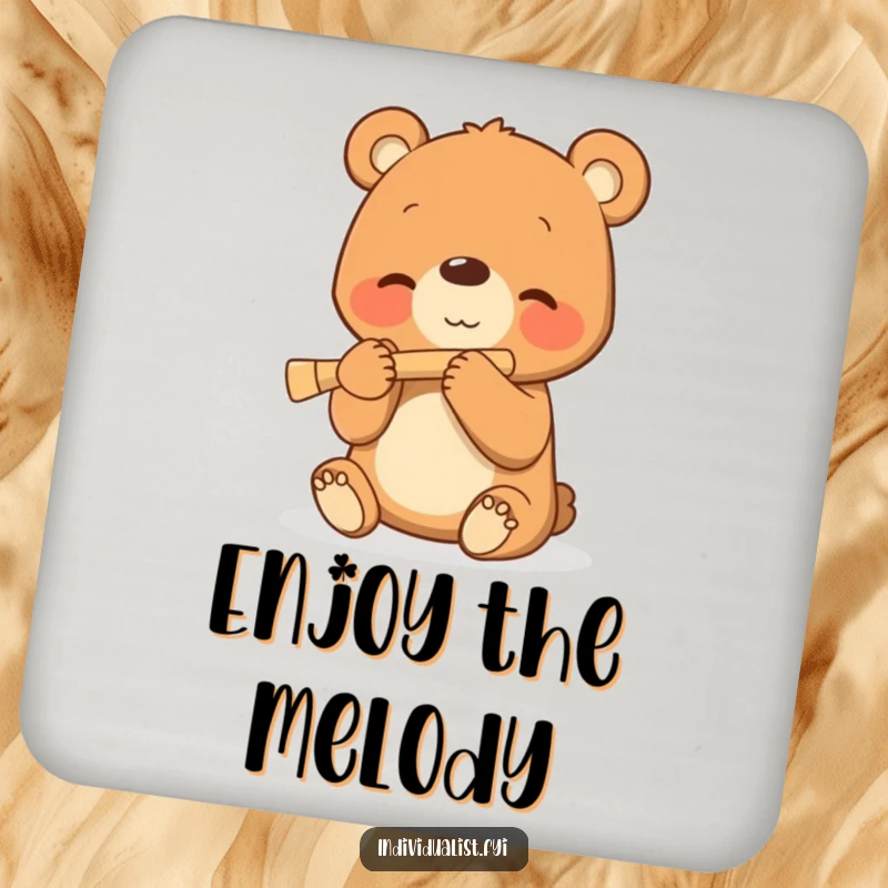 Funny drink coaster featuring a happy bear cub playing a small flute, adding musical charm to any table.