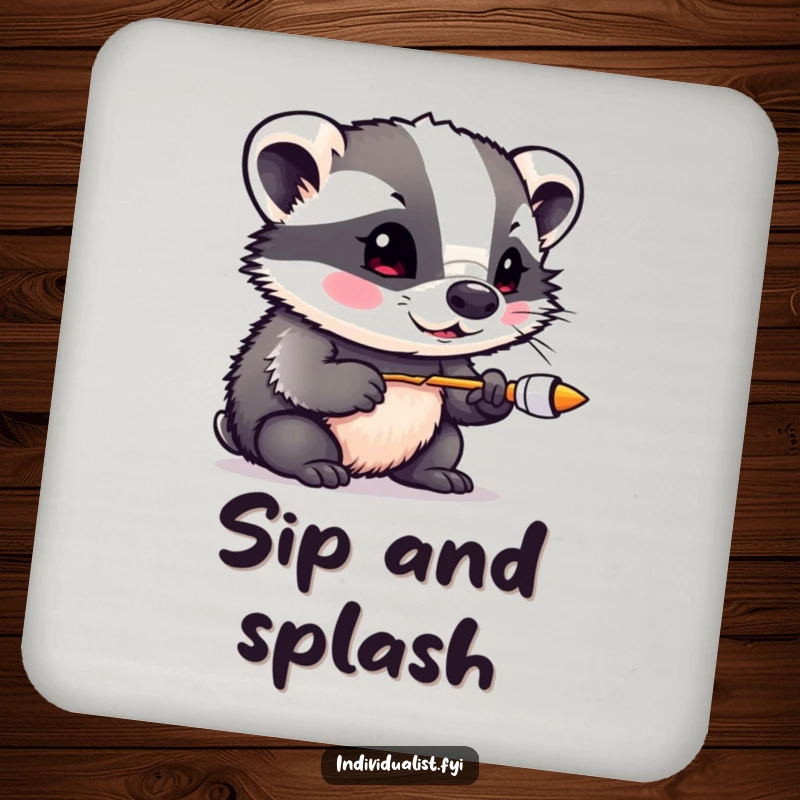 Funny badger experimenting with vibrant paints, printed on a set of protective drink coasters, a charming artistic accent.