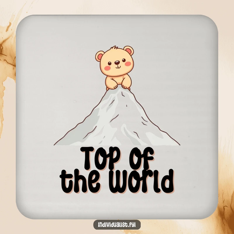 Funny bear cub coaster depicting a cheerful cub climbing a small mountain peak, protecting surfaces with humor.