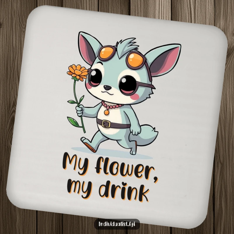 Funny drink coaster depicting a confident creature with fashionable accessories and one unusual flower, walking with flair. Stylish surface protection.