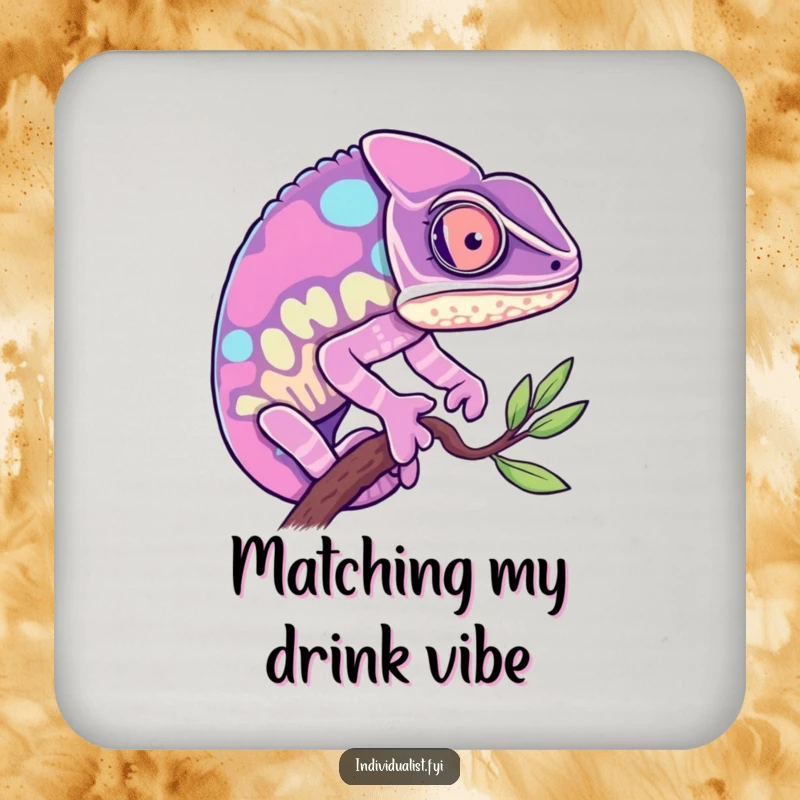Funny Chameleon Coaster: Curious chameleon changing to a vibrant hue, protecting surfaces with funny style.