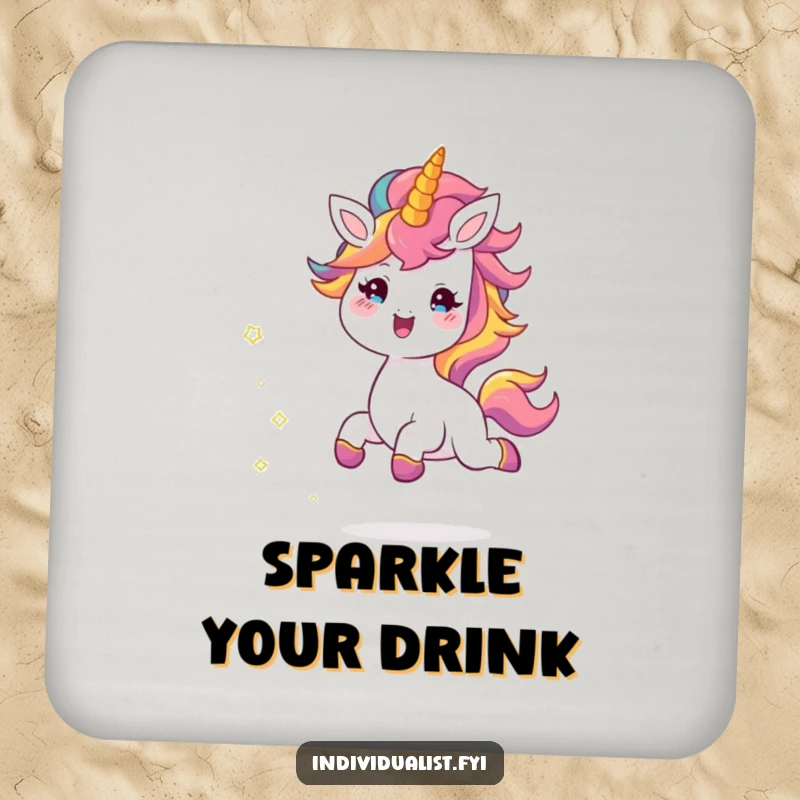Funny drink coasters featuring a cheerful creature skipping, leaving a trail of sparkles, providing a humorous and protective surface.