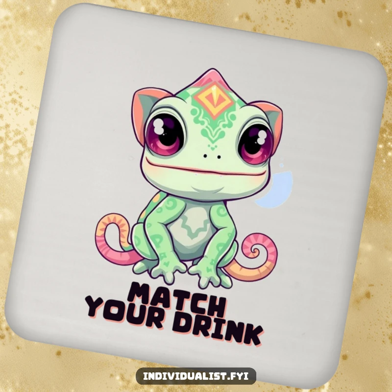 Funny chameleon drink coaster with a curious chameleon changing into a wildly vibrant pattern, protecting surfaces.