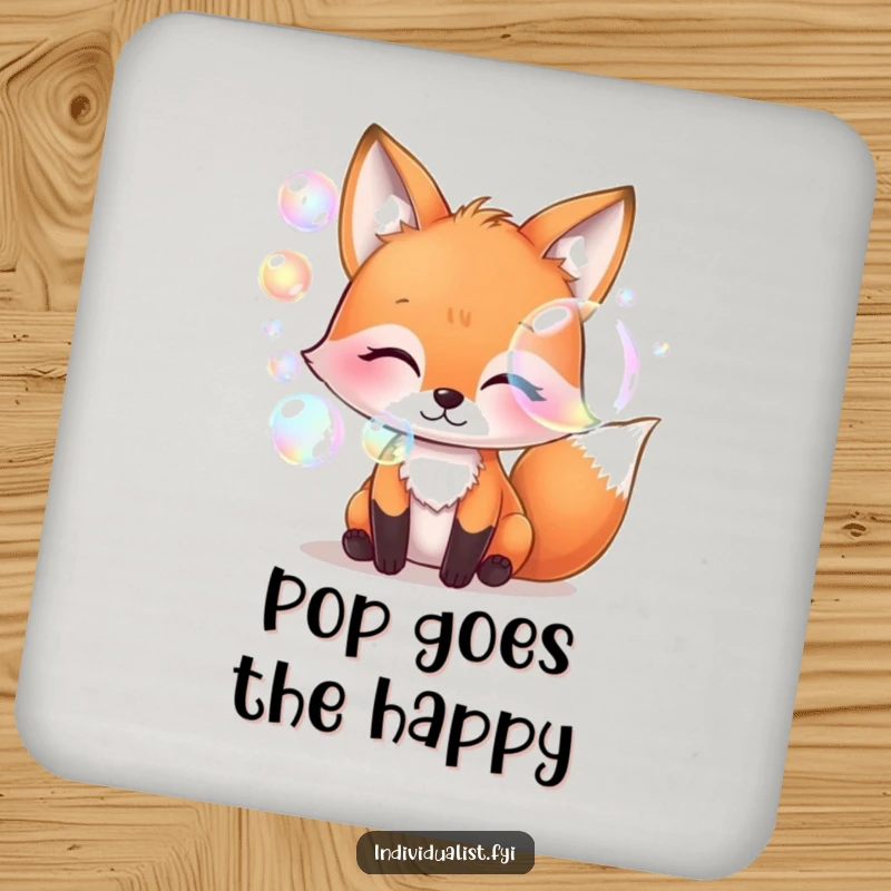Funny whimsical fox blowing iridescent bubbles, absorbent drink coaster, magical art, surface protection, unique and funny gift for home.