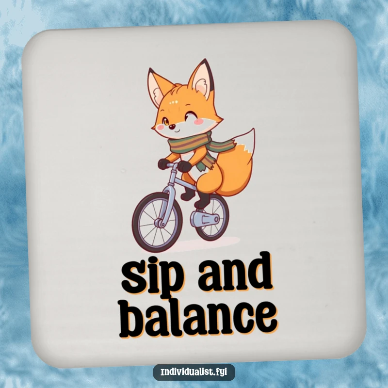 Funny Coaster featuring a charming fox with a bright scarf confidently riding a unicycle, protecting surfaces with a playful, quirky theme.