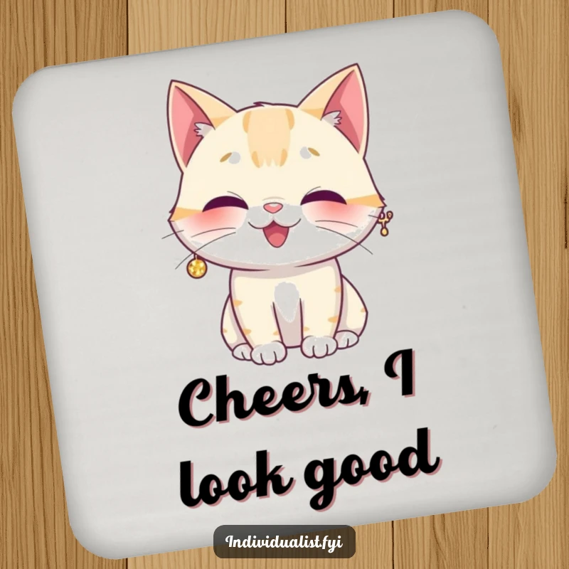 Funny drink coaster featuring a giggling cat sporting a single, oversized, shiny sparkly earring, adding flair to any surface.